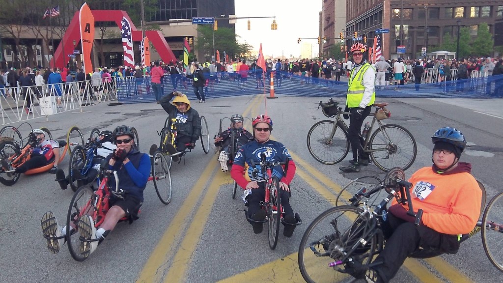 Team ER's Paul Dowd lead cyclist for hand cycles. Cleveland marathon.