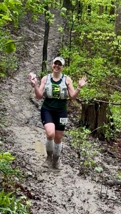 Terri Bednar Hitting The Mud Of The 2026 Fools Half Marathon Trail Race In Peninsula, Ohio.